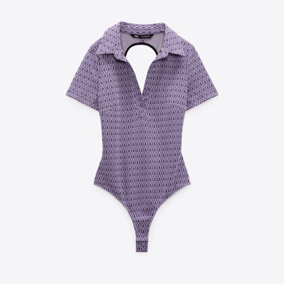 Women’s Zara Bodysuit Large Lavender Printed Collared Short Sleeve Back Cutout - Picture 3 of 12